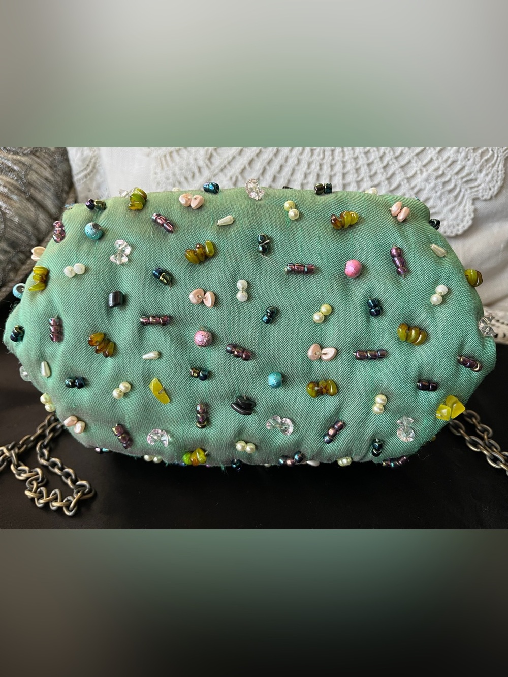 Mary Frances Beaded Purse Sage Green with Pastel Accents, GUC Vintage - Picture 5 of 9